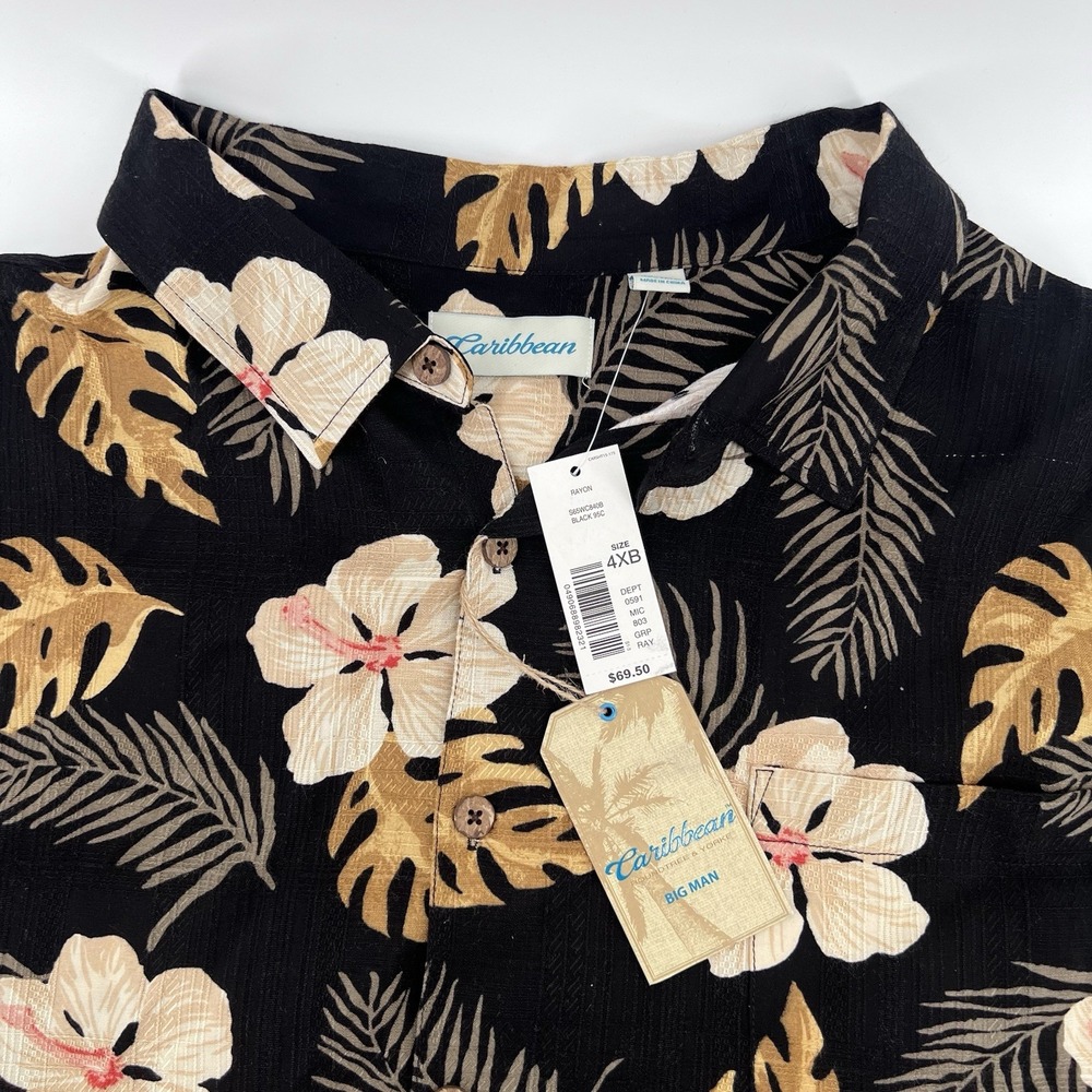 Caribbean‎ Camp Shirt Mens 4XB Black Tropical Hibiscus Short Sleeve Button NWT